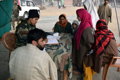 Locals being examined at a medical camp in Bandipora on Wednesday.