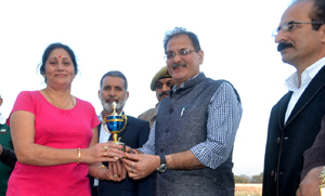 Winner being felicitated by Speaker Legislative Assembly Kavinder Gupta in Jammu on Thursday.