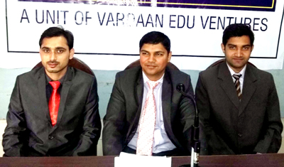 Officials of Vardaan Edu Ventures interacting with media persons at Jammu on Saturday.