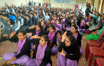 Students during a function organized in the honour of Art of Living teacher, Rishika Sahoo at NITS Polytechnic, Miran Sahib in Jammu.