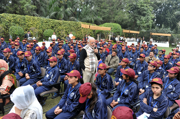 Prime Minister Narendra Modi with the youth of J&K in New Delhi on Wednesday.