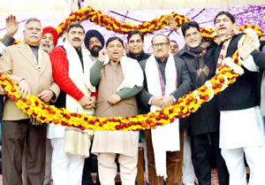 BJP leaders during a rally at R.S Pura on Friday.