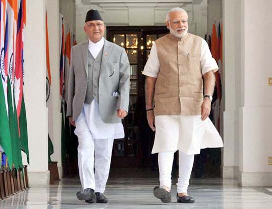 Prime Minister, Narendra Modi and Prime Minister of Nepal, K.P. Sharma Oli at joint media briefing, at Hyderabad House, in New Delhi on Saturday.