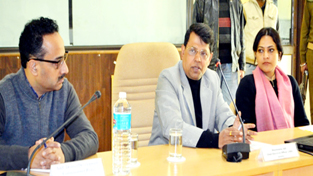 CEO Shantmanu flanked by DC, Sushma Chauhan reviewing Municipal polls arrangements at Reasi on Wednesday.