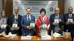 Union Minister Dr Jitendra Singh releasing a book on "Radiation Safety Management" during the National Symposium on "Public Education on Radiation Safety" at India International Centre, New Delhi on Tuesday.