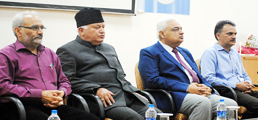 SAC chairperson (2nd from left) Justice B A Khan flanked by Justice J P Singh (Member SAC), JU VC Prof. R D Sharma and Head & Dean Faculty of Law Prof Arvind Jasrotia during an interactive session on Tuesday. -Excelsior/Rakesh
