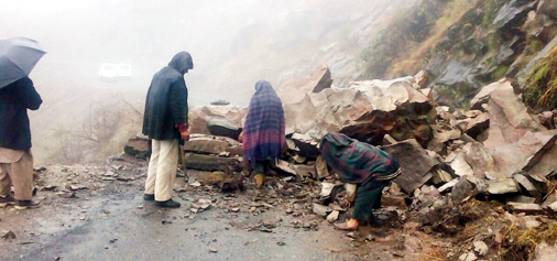 Reasi-Mahore road blocked due to landslides near Dharmari on Saturday.-Excelsior/Mengi