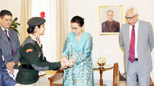 Governor N N Vohra and First Lady Usha Vohra felicitating NCC Cadets in Jammu on Tuesday.