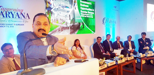 Union Minister Dr Jitendra Singh addressing the two-day "Happening Haryana" Global Investors' Summit at Gurgaon on Monday.