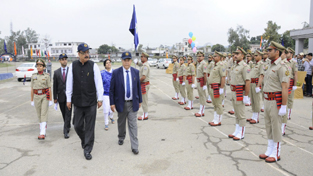 Commissioner Secretary Finance, Naveen K Choudhary and Excise Commissioner T Angchok inspecting passing out parade at Nagrota on Saturday.