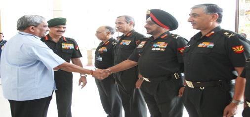 Defence Minister Manohar Parrikar and Army chief Dalbir Singh Suhag meet top Army Commanders including Northern Command chief Lt Gen D S Hooda and Western Command chief Lt Gen K J Singh in New Delhi on Monday.