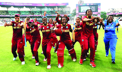 West Indies Women do the "Champions" dance, after defeating Austrialia in Women's World T20, final at Kolkata.