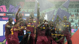 West Indies celebrating victory over England in World T20 final at Kolkata on Sunday.