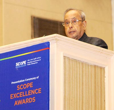 President Pranab Mukherjee addressing the presentation ceremony of the SCOPE Excellence Awards, on the occasion of the Public Sector Day, in New Delhi on Monday. (UNI)