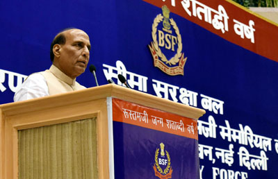 Union Home Minister, Rajnath Singh addressing at the 14th BSF Investiture Ceremony- 2016, in New Delhi on Friday.