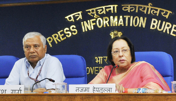 Union Minister for Minority Affairs, Dr. Najma A. Heptulla interacting with media on two year achievements, in New Delhi on May 24, 2016. Secretary, Ministry of Minority Affairs, Rakesh Garg is also seen.
