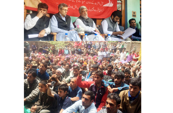 NC leader Omar Abdullah addressing a public rally at Beerwah on Sunday.