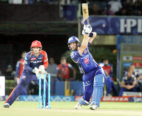 Martin Guptill of Mumbai Indians carves one over the off side against Delhi Daredevils at Visakhapatnam on Sunday.