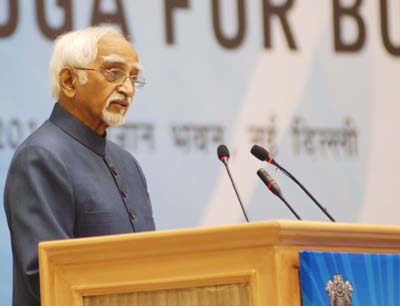 Vice President M Hamid Ansari addressing the International Conference on ‘Yoga for Body and Beyond’, in New Delhi on Wednesday. (UNI)
