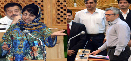 Chief Minister Mehbooba Mufti and NC leader Omar Abdullah during a spar in the Assembly on Monday. -Excelsior Photo
