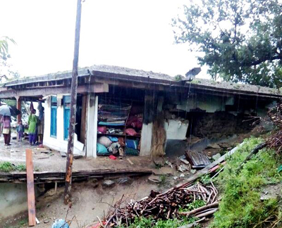 A view of damaged house during thunder-storm in Dudu area of Udhampur on Wednesday.