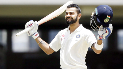 Virat Kohli responding to audience’s cheers after hitting double ton against West Indies on the second day of the Antigua Test.