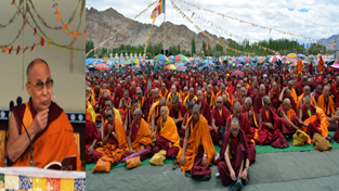 Dalai Lama delivering sermons to monks and devotees at Leh on Friday. -Excelsior/Stanzin