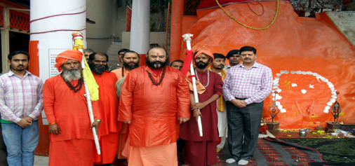 Sadhus led by Mahant Deependra Giri with holy mace on their arrival at Hari Parvat on Wednesday.