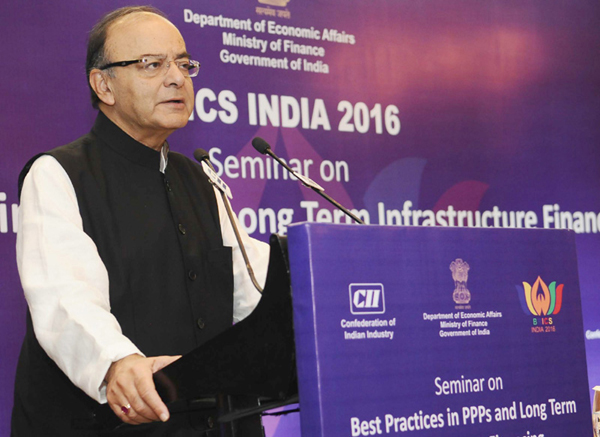 Union Minister for Finance and Corporate Affairs, Arun Jaitley addressing at the inauguration of the BRICS Seminar on ‘Best Practices in PPPs and Long-term Infrastructure Financing of BRICS Countries’, in New Delhi on Thursday.