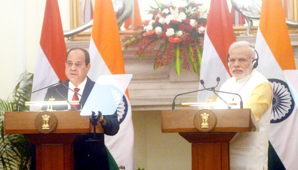 Prime Minister Narendra Modi with President of the Arab Republic of Egypt Abdel Fattah el-Sisi during a joint press conference after delegation level talks at Hyderabad House in New Delhi on Friday. (UNI)
