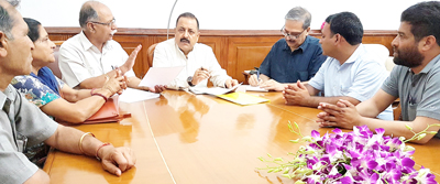 Union Minister Dr Jitendra Singh holding a meeting with political activists from Chenani led by local MLA Dina Nath Bhagat, at New Delhi on Monday.