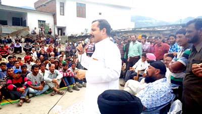 JKNPP president Balwant Singh Mankotia addressing a gathering in Mahore.