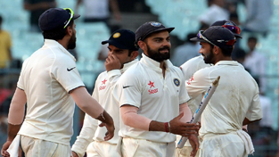 Virat Kohli celebrates with teammates after victory on the fourth day of the second test match against New Zealand at The Eden Gardens Cricket Stadium in Kolkata. Virat Kohli celebrates with teammates after victory on the fourth day of the second test match against New Zealand at The Eden Gardens Cricket Stadium in Kolkata.