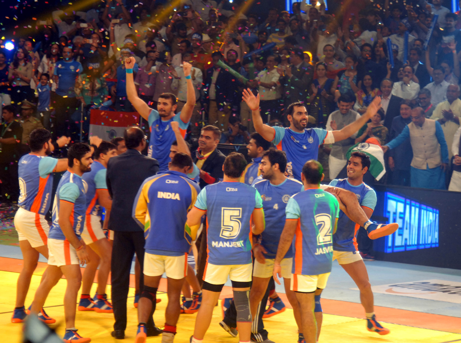 Indian players celebrating after winning the Kabaddi World Cup 2016 final match against Iran in Ahmedabad on Saturday.(UNI)