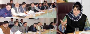 Chief Minister Mehbooba Mufti chairing a meeting at Srinagar on Monday.