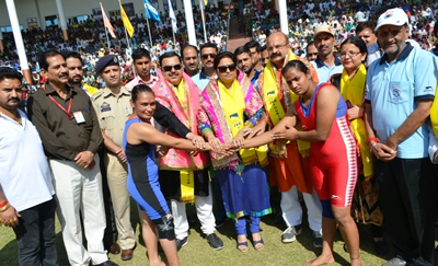 Minister Priya Sethi, MoS Ajay Nanda and others inaugurating a bout between women wrestlers during ‘Mission Dosti’ Dangal at Katra on Sunday.