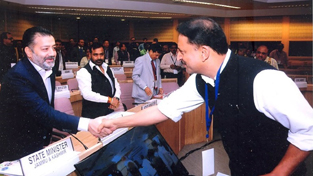 Minister for Information Technology, Moulvi Imran Raza Ansari and Union Minister Rajiv Partap Rudi during a conference at New Delhi on Friday.