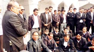 Bar Association members during a dharna in District Court Complex Kathua on Thursday.