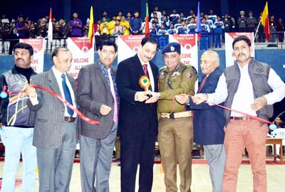 Dignitaries inaugurating day-2 proceedings of 8th State Speedball Championship at MA Stadium in Jammu.