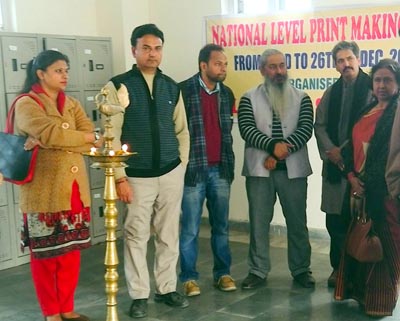 Dignitaries during inauguration of National Level Printmaking at Kala Kendra, Jammu on Saturday.