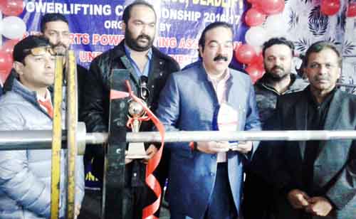 Former Minister and MLC, M K Ajatshatru Singh inaugurating State Powerlifting Championship at RKM Gym in Jammu.