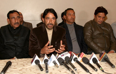 PCC chief GA Mir talking to media after CLP meeting in Jammu on Sunday. —Excelsior/Rakesh