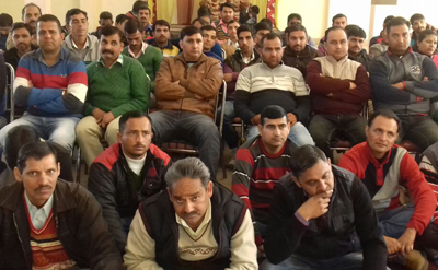 ReTs participating in a monthly meeting at Udhampur on Sunday.