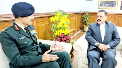 Director General, Border Road Organization (BRO) and Engineer-in-Chief designate, Lt. Gen. Suresh Sharma calling on Union Minister Dr Jitendra Singh to discuss the proposal for Bhaderwah-Basohli tunnel, at New Delhi on Monday.