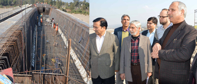 Minister for Public Works A R Veeri inspecting a developmental works in Jammu on Sunday.