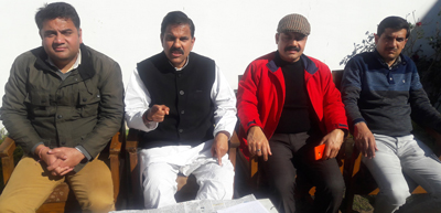 JKNPP chairman, Harshdev Singh along with other party leaders addressing media persons at Jammu.