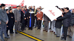 Chief Minister Mehbooba Mufti receiving AirAsia flight in Srinagar on Sunday.