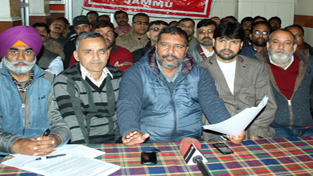 JKTF leaders addressing a press conference at Jammu on Sunday. —Excelsior/Rakesh