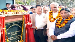 Minister for PHE Sham Lal Choudhary and MLA Sat Sharma inaugurating a tube well at Bakshi Nagar on Sunday.