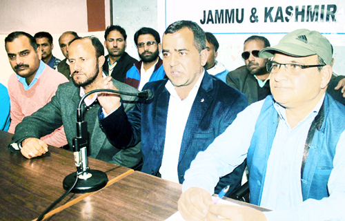 Leaders of ReT Forums addressing a press conference at Jammu on Monday. -Excelsior/ Rakesh
